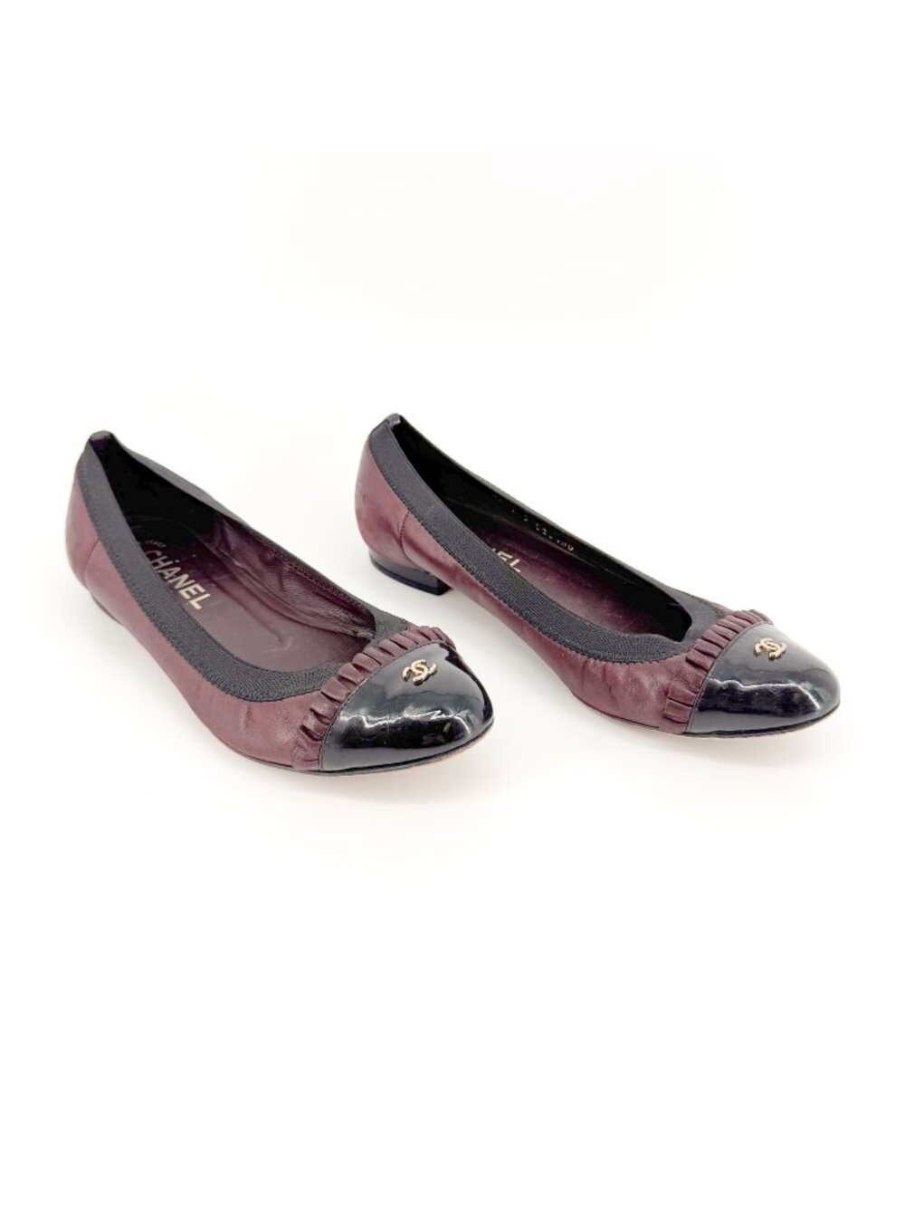 Chanel CC Ruffle Cap Toe Ballet Flats EU 37 US 6-6.5 Brown Burgundy Leather - Picture 1 of 15